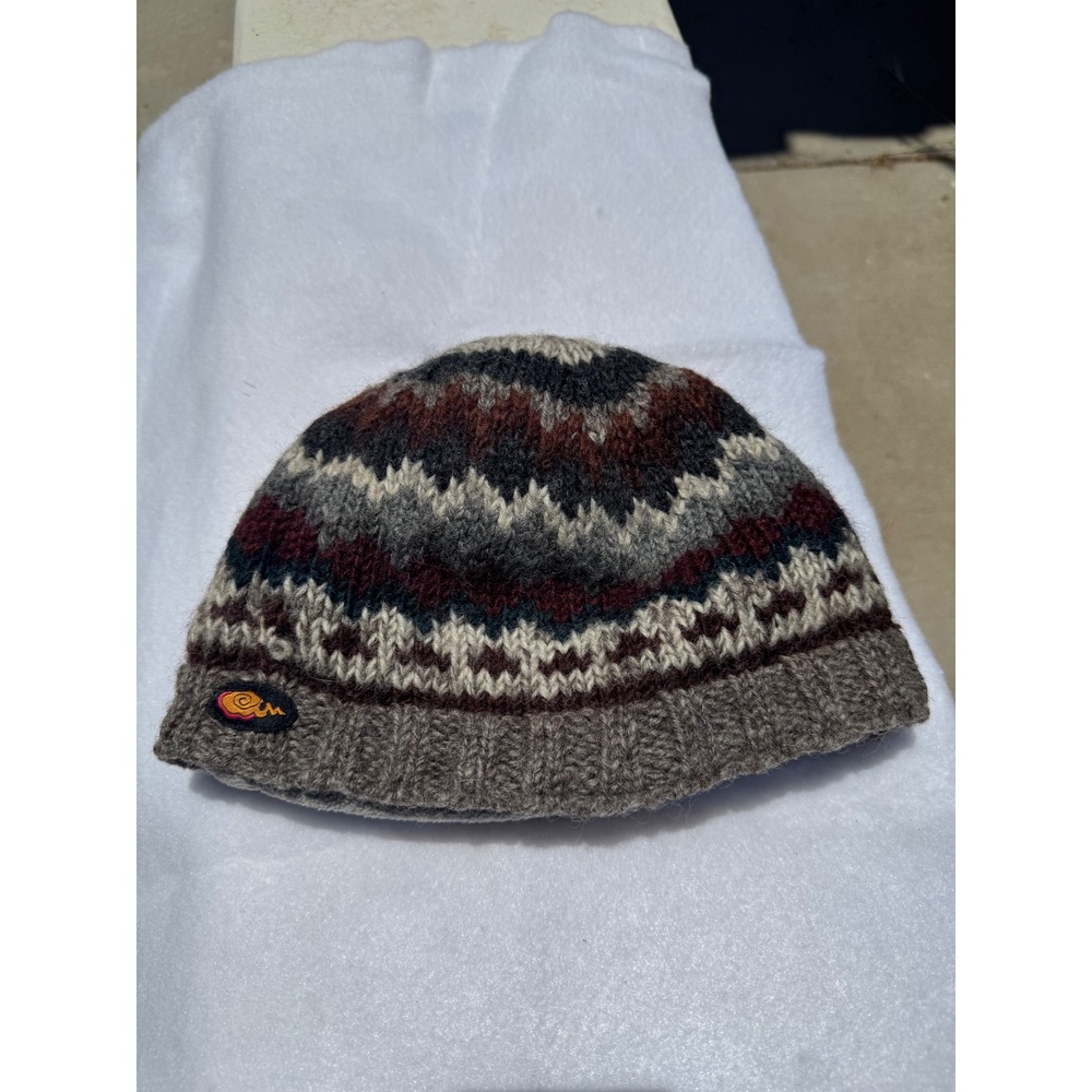Everest Designs Wool Beanie Hat Fleece Lined Fair Isle Knit Nepal Brown Grey - Picture 2 of 4